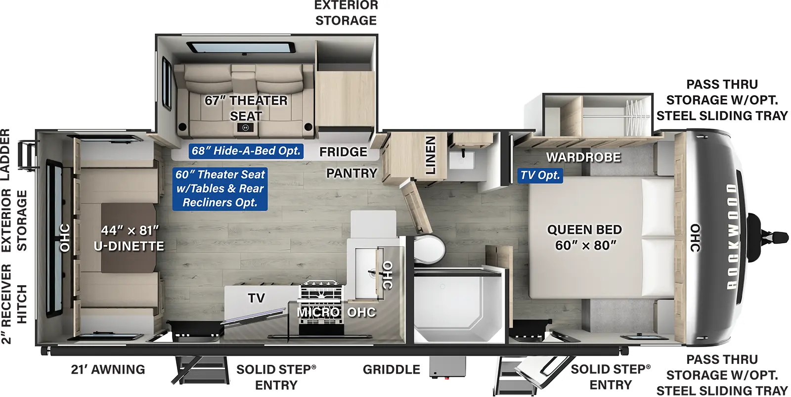 The Rockwood Ultra Lite Travel Trailers 2618RD has two entries and two slide outs. Exterior features include: fiberglass exterior and 21' awning. Interiors features include: u-dinette, front bedroom and pass through bathroom.